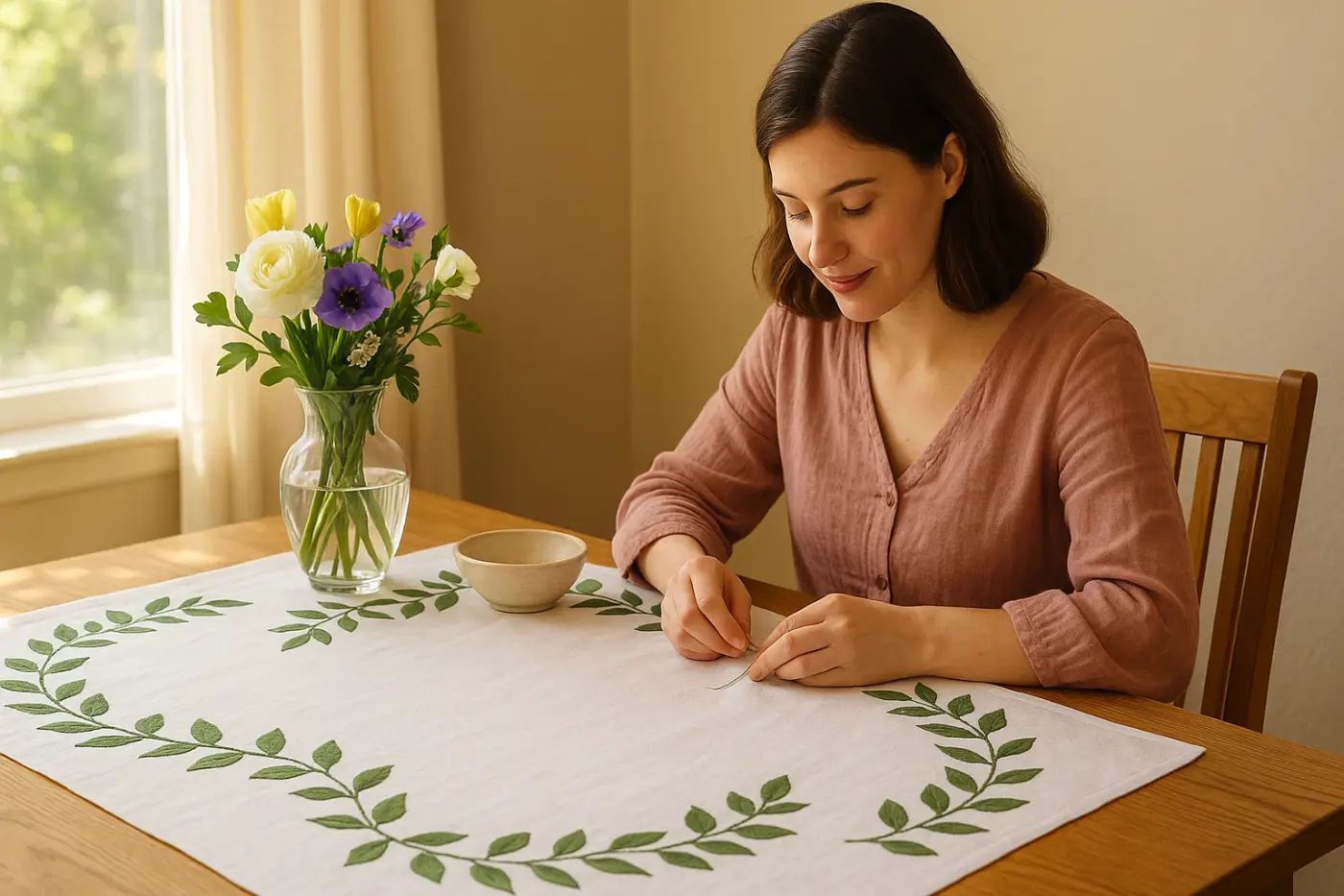 Customiser son linge de maison : une nappe brodée effet trompe-l'œil en pas à pas