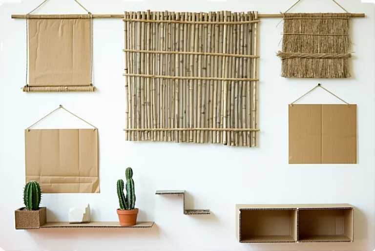 Créer des décorations murales avec du carton : tissages, cadres, étagères légères.