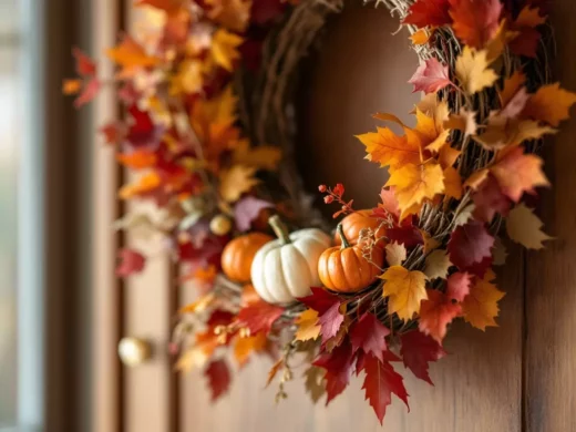 Déco d&rsquo;automne : une couronne de feuilles séchées et citrouilles peintes